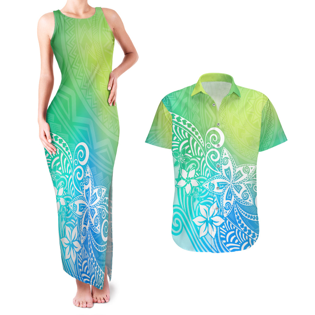 Polynesia Couples Matching Tank Maxi Dress and Hawaiian Shirt Plumeria Blue Gradient Curves LT7 - Wonder Print Shop