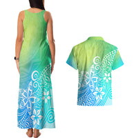 Polynesia Couples Matching Tank Maxi Dress and Hawaiian Shirt Plumeria Blue Gradient Curves LT7 - Wonder Print Shop