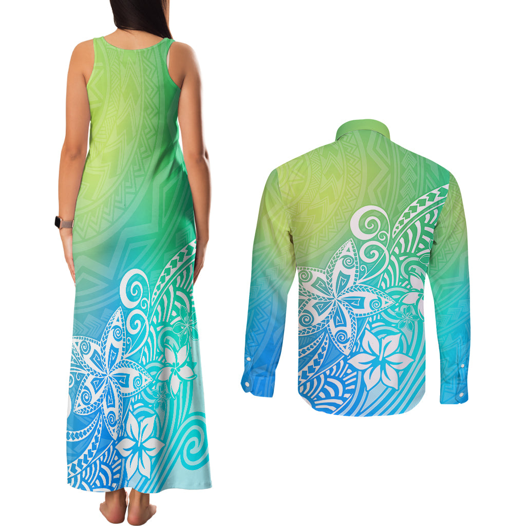 Polynesia Couples Matching Tank Maxi Dress and Long Sleeve Button Shirts Plumeria Blue Gradient Curves LT7 - Wonder Print Shop
