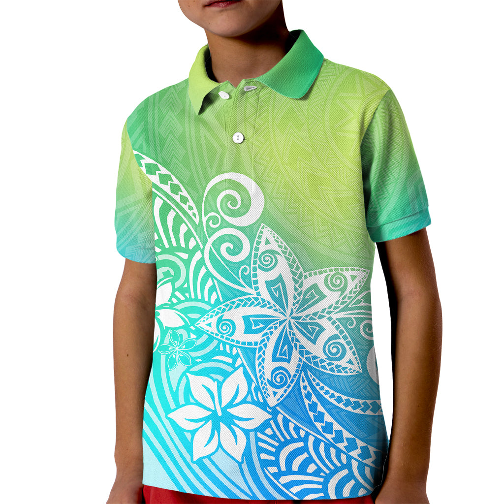 Polynesia Kid Polo Shirt Plumeria Blue Gradient Curves - Wonder Print Shop
