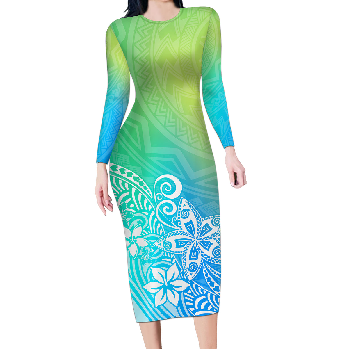 Polynesia Long Sleeve Bodycon Dress Plumeria Blue Gradient Curves - Wonder Print Shop