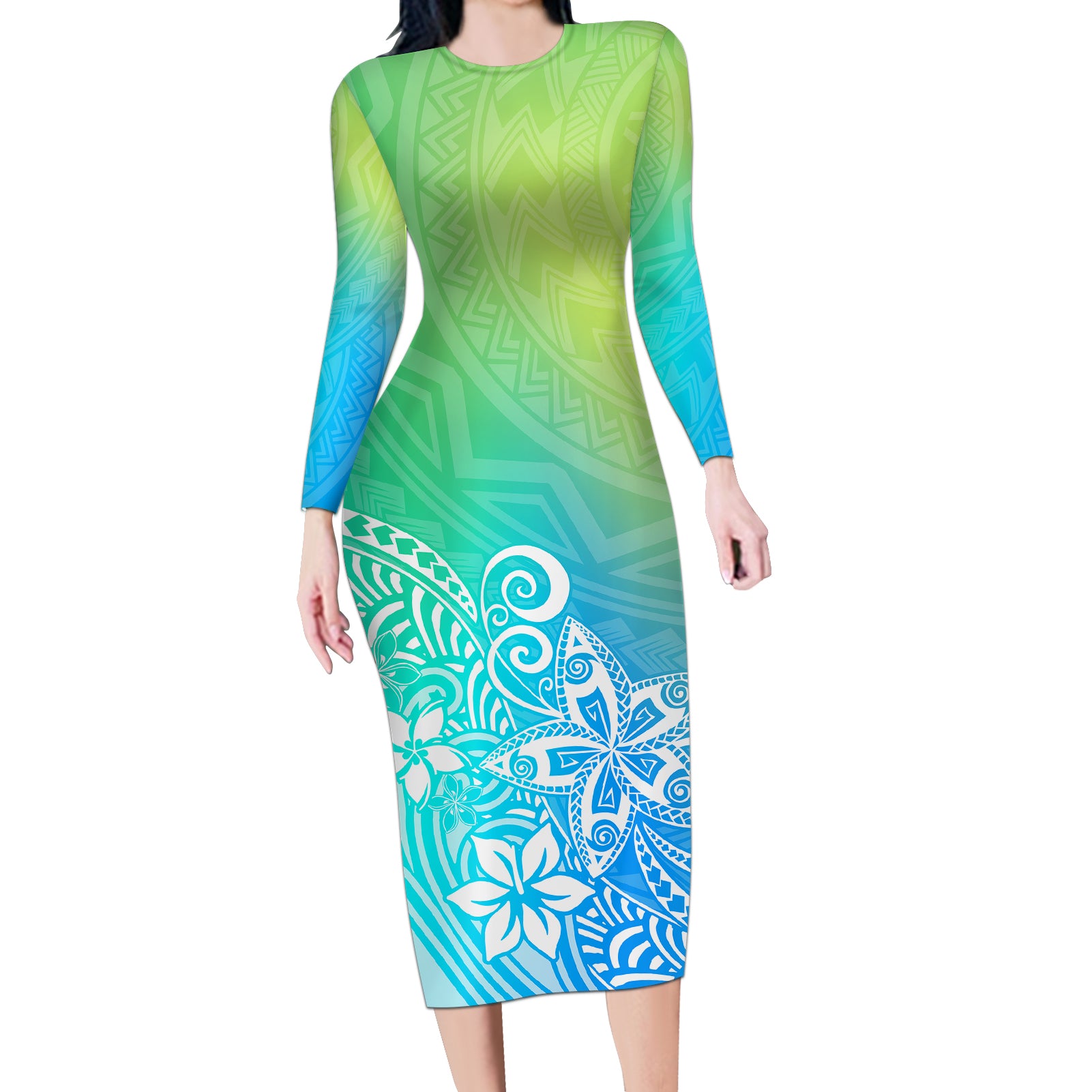 Polynesia Long Sleeve Bodycon Dress Plumeria Blue Gradient Curves - Wonder Print Shop