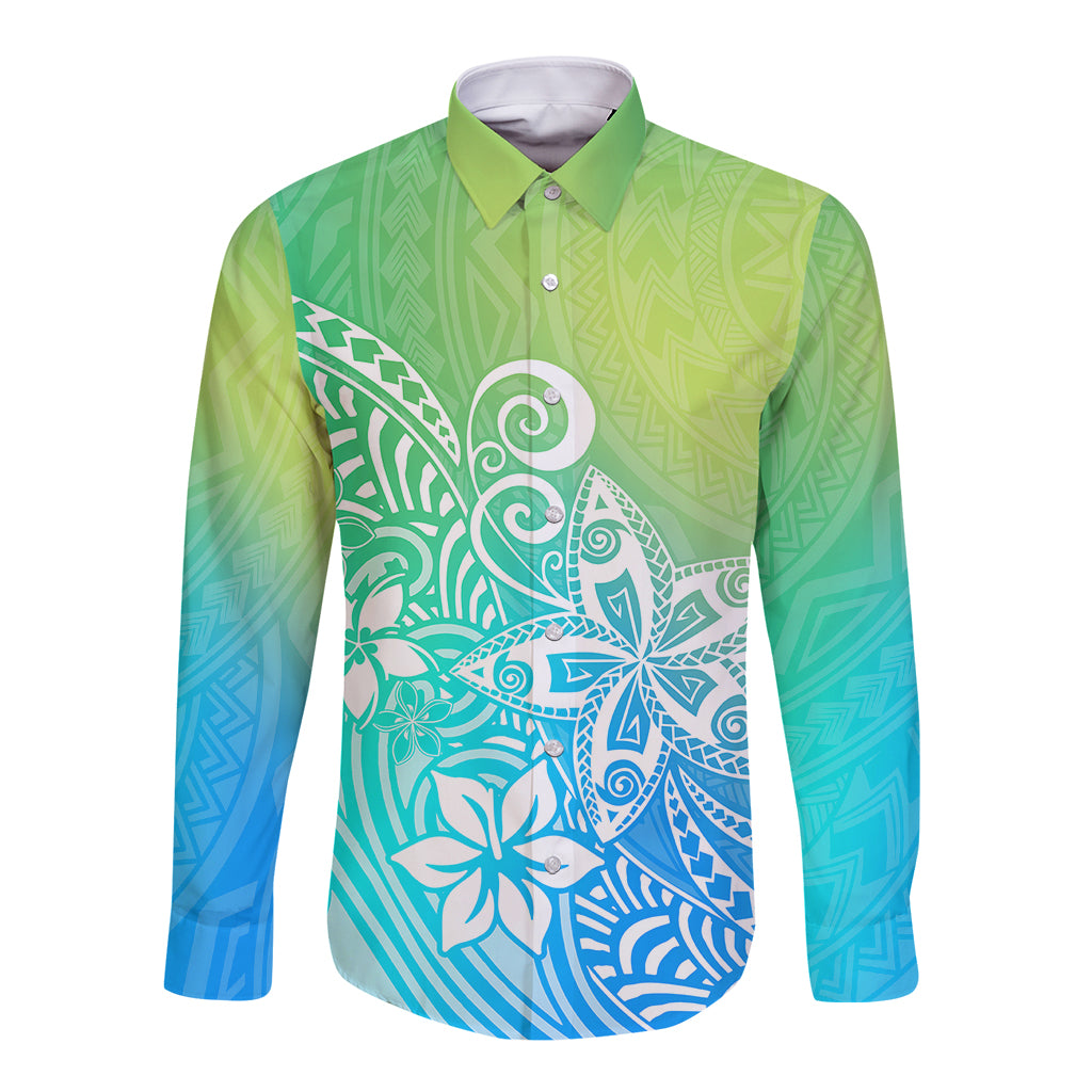 Polynesia Long Sleeve Button Shirt Plumeria Blue Gradient Curves - Wonder Print Shop