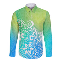 Polynesia Long Sleeve Button Shirt Plumeria Blue Gradient Curves - Wonder Print Shop
