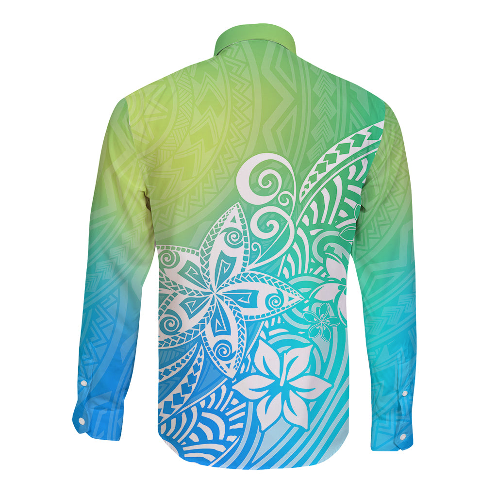 Polynesia Long Sleeve Button Shirt Plumeria Blue Gradient Curves - Wonder Print Shop