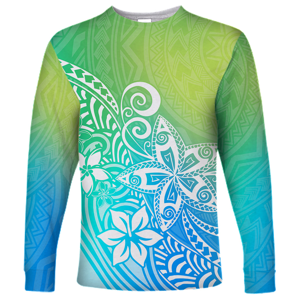 Polynesia Long Sleeve Shirt Plumeria Blue Gradient Curves - Wonder Print Shop