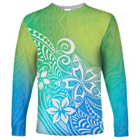Polynesia Long Sleeve Shirt Plumeria Blue Gradient Curves - Wonder Print Shop