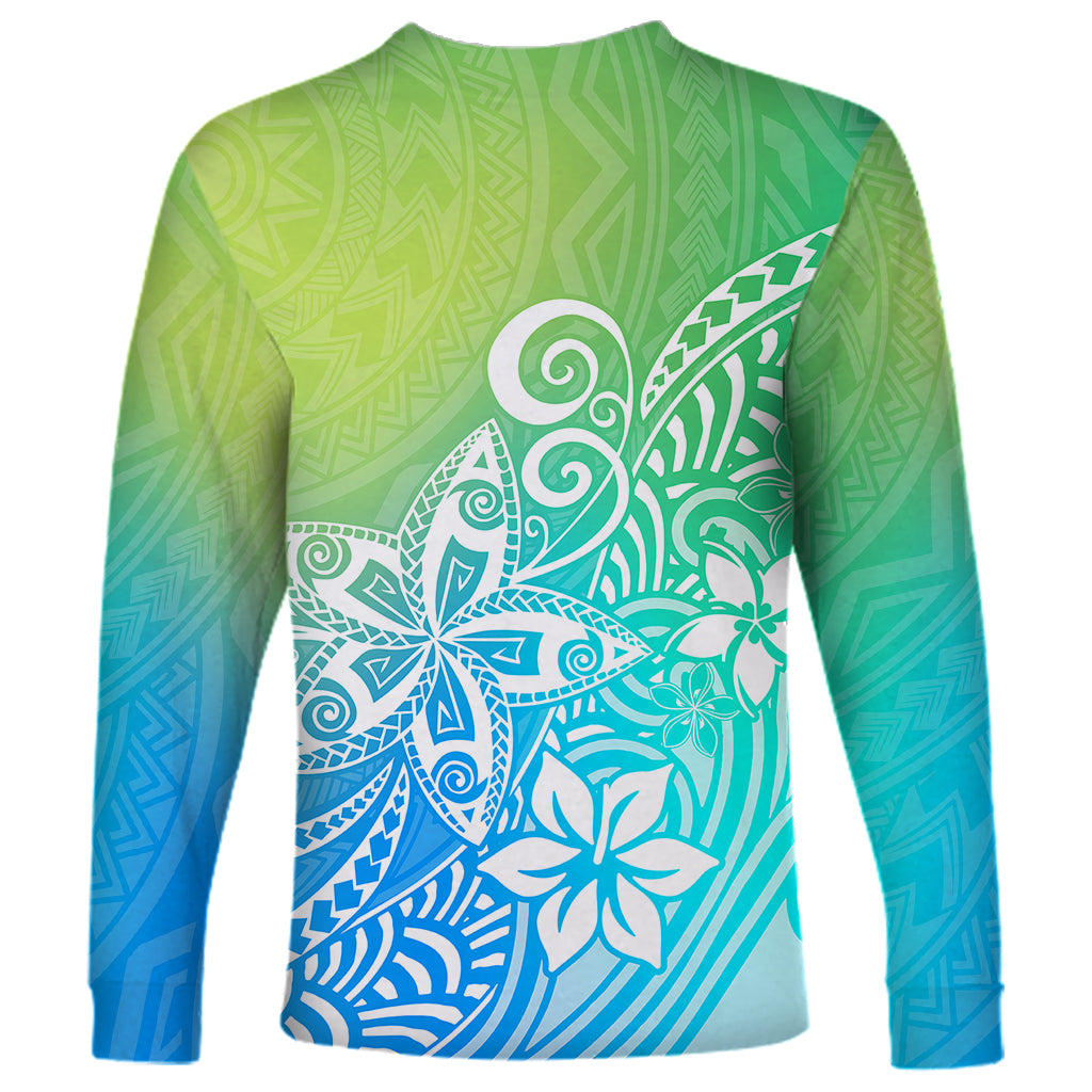 Polynesia Long Sleeve Shirt Plumeria Blue Gradient Curves - Wonder Print Shop
