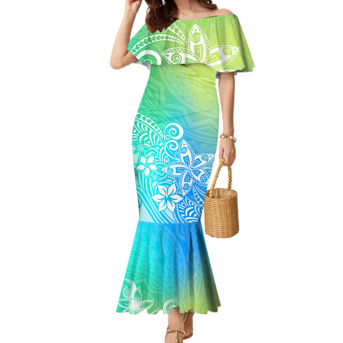 Polynesia Mermaid Dress Plumeria Blue Gradient Curves - Wonder Print Shop