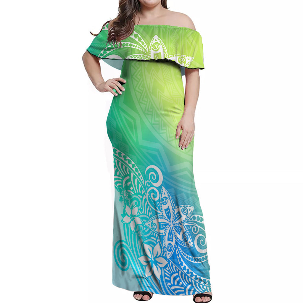 Polynesia Off Shoulder Maxi Dress Plumeria Blue Gradient Curves - Wonder Print Shop
