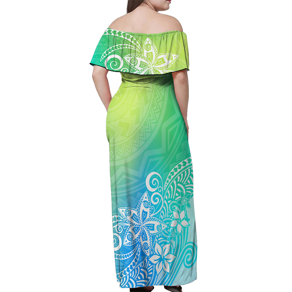 Polynesia Off Shoulder Maxi Dress Plumeria Blue Gradient Curves - Wonder Print Shop