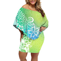 Polynesia Off Shoulder Short Dress Plumeria Blue Gradient Curves - Wonder Print Shop