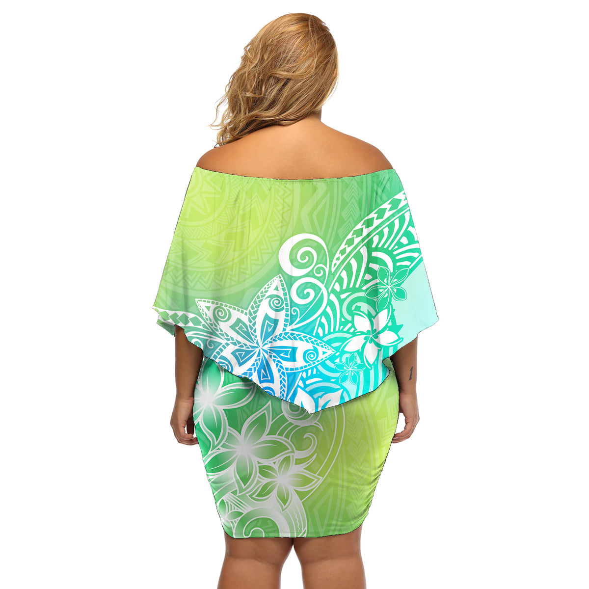 Polynesia Off Shoulder Short Dress Plumeria Blue Gradient Curves - Wonder Print Shop