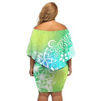 Polynesia Off Shoulder Short Dress Plumeria Blue Gradient Curves - Wonder Print Shop