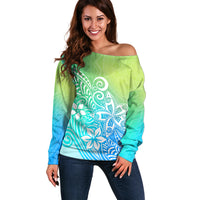 Polynesia Off Shoulder Sweater Plumeria Blue Gradient Curves - Wonder Print Shop