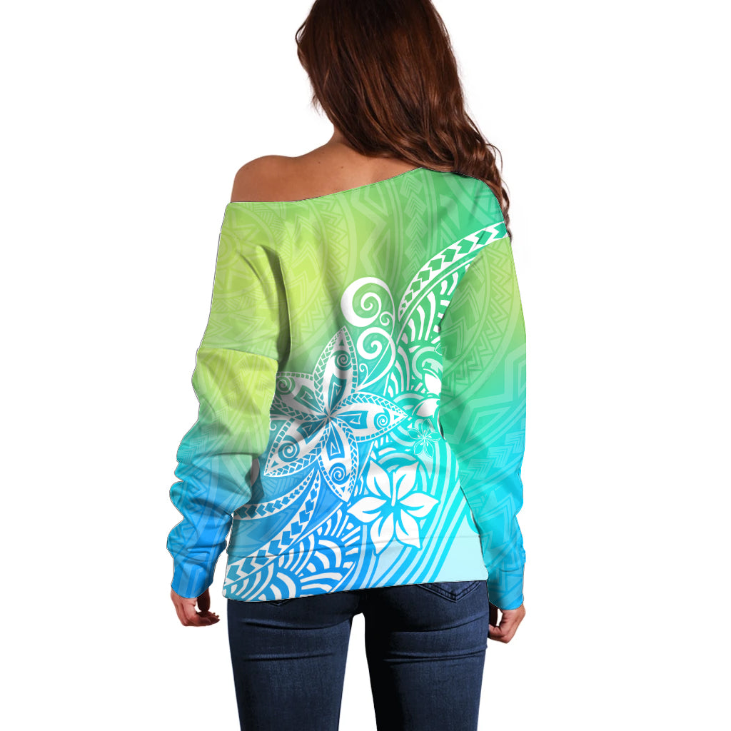 Polynesia Off Shoulder Sweater Plumeria Blue Gradient Curves - Wonder Print Shop