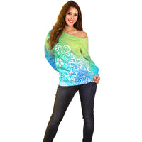 Polynesia Off Shoulder Sweater Plumeria Blue Gradient Curves - Wonder Print Shop