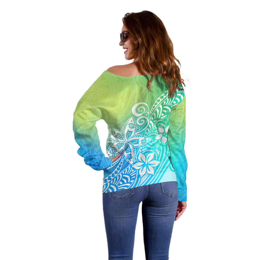 Polynesia Off Shoulder Sweater Plumeria Blue Gradient Curves - Wonder Print Shop