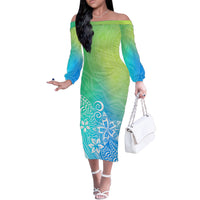 Polynesia Off The Shoulder Long Sleeve Dress Plumeria Blue Gradient Curves - Wonder Print Shop