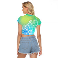 Polynesia Raglan Cropped T Shirt Plumeria Blue Gradient Curves - Wonder Print Shop