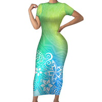 Polynesia Short Sleeve Bodycon Dress Plumeria Blue Gradient Curves - Wonder Print Shop