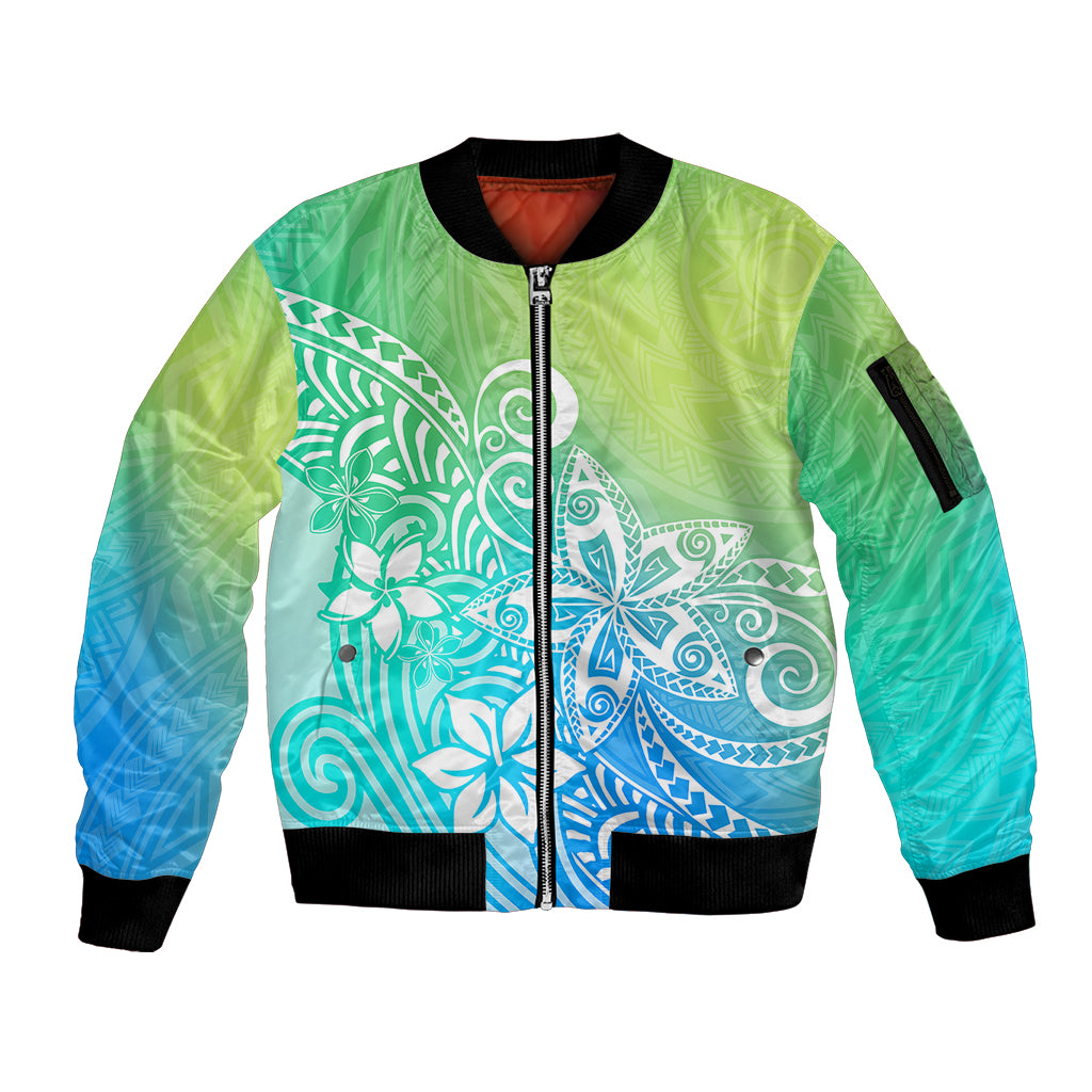 Polynesia Sleeve Zip Bomber Jacket Plumeria Blue Gradient Curves - Wonder Print Shop