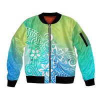 Polynesia Sleeve Zip Bomber Jacket Plumeria Blue Gradient Curves - Wonder Print Shop