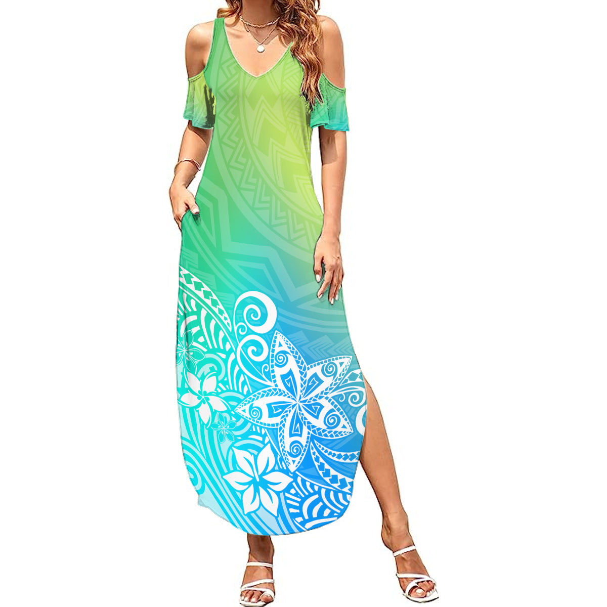 Polynesia Summer Maxi Dress Plumeria Blue Gradient Curves - Wonder Print Shop