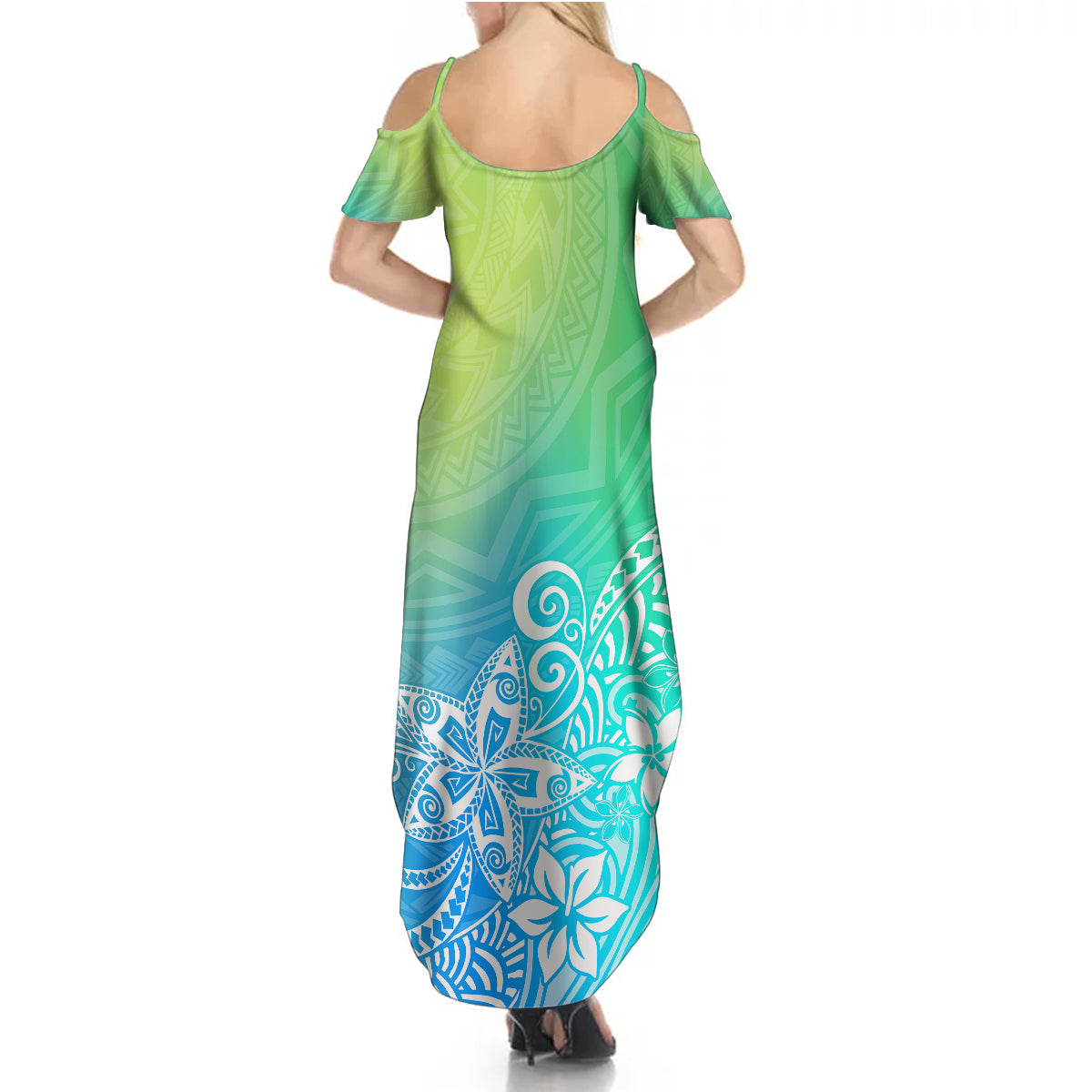 Polynesia Summer Maxi Dress Plumeria Blue Gradient Curves - Wonder Print Shop