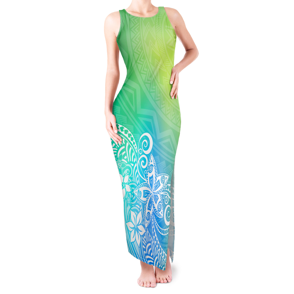 Polynesia Tank Maxi Dress Plumeria Blue Gradient Curves - Wonder Print Shop