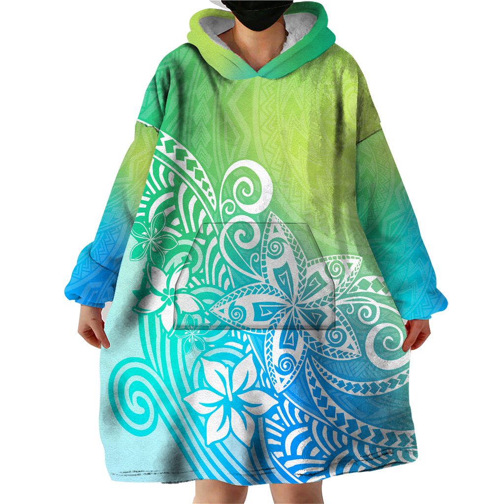 Polynesia Wearable Blanket Hoodie Plumeria Blue Gradient Curves - Wonder Print Shop