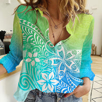 Polynesia Women Casual Shirt Plumeria Blue Gradient Curves - Wonder Print Shop