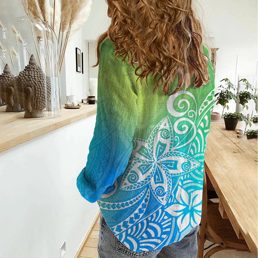 Polynesia Women Casual Shirt Plumeria Blue Gradient Curves - Wonder Print Shop