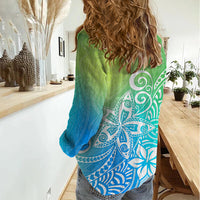 Polynesia Women Casual Shirt Plumeria Blue Gradient Curves - Wonder Print Shop