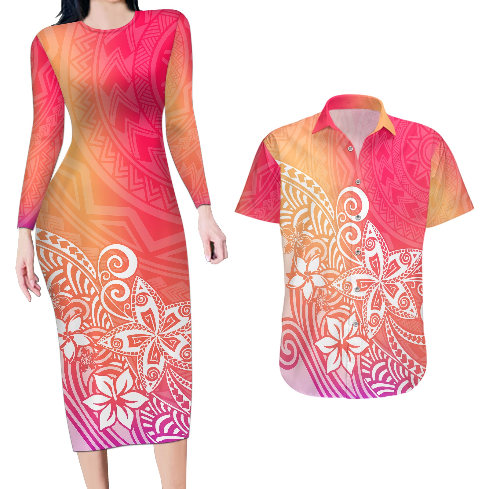 Polynesia Couples Matching Long Sleeve Bodycon Dress and Hawaiian Shirt Plumeria Pink Gradient Curves LT7 - Wonder Print Shop