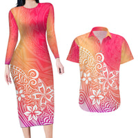 Polynesia Couples Matching Long Sleeve Bodycon Dress and Hawaiian Shirt Plumeria Pink Gradient Curves LT7 - Wonder Print Shop