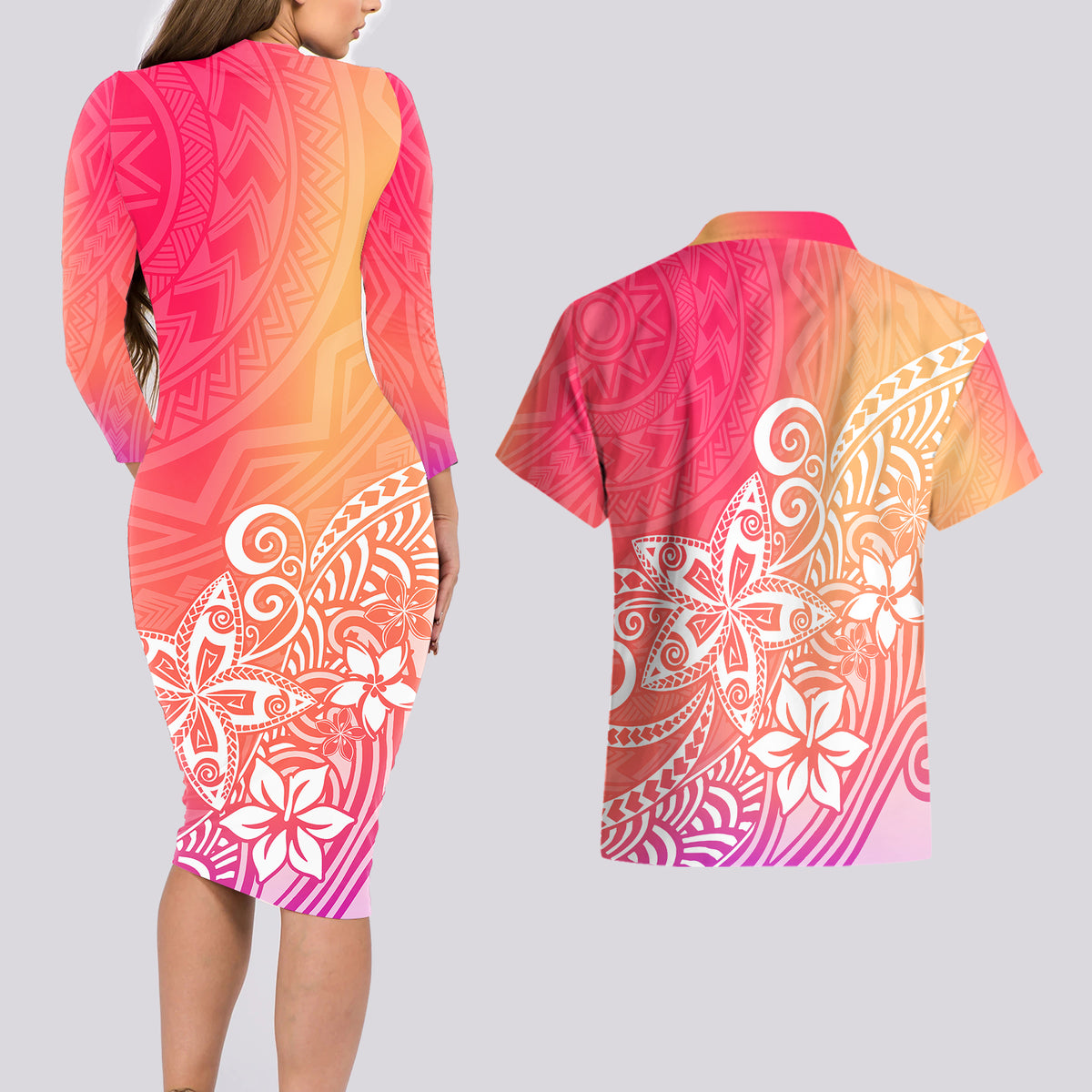 Polynesia Couples Matching Long Sleeve Bodycon Dress and Hawaiian Shirt Plumeria Pink Gradient Curves LT7 - Wonder Print Shop