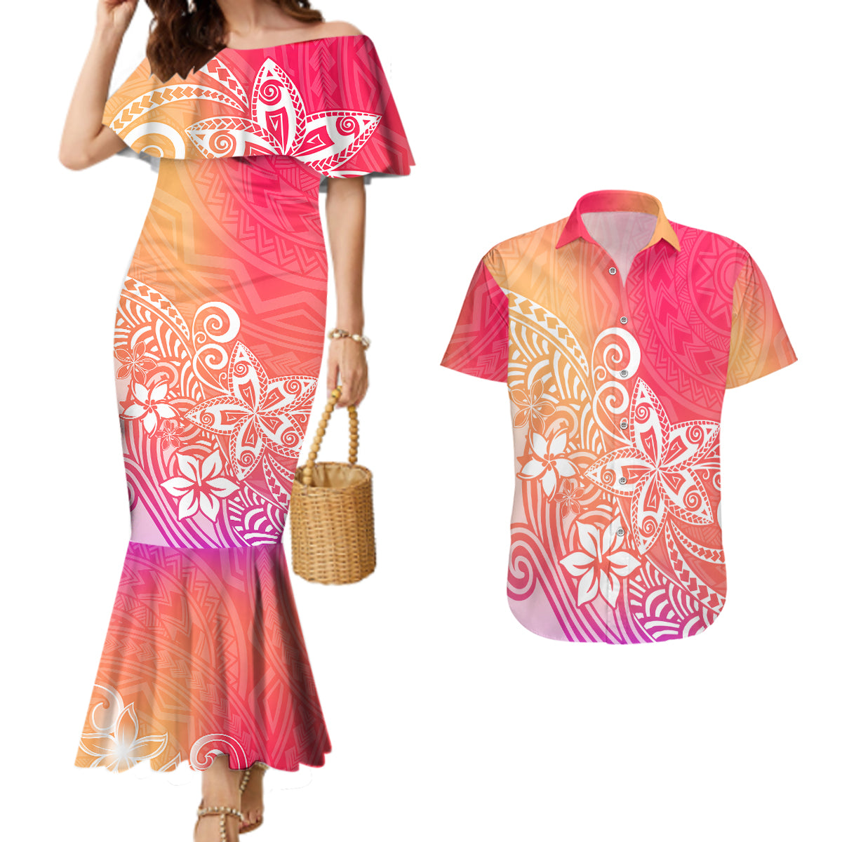 Polynesia Couples Matching Mermaid Dress and Hawaiian Shirt Plumeria Pink Gradient Curves LT7 - Wonder Print Shop