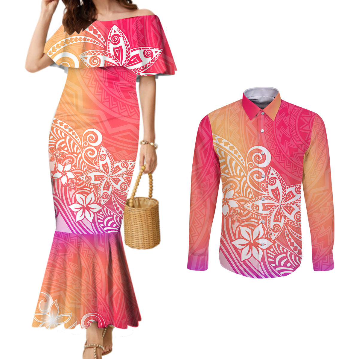 polynesia-couples-matching-mermaid-dress-and-long-sleeve-button-shirts-plumeria-pink-gradient-curves