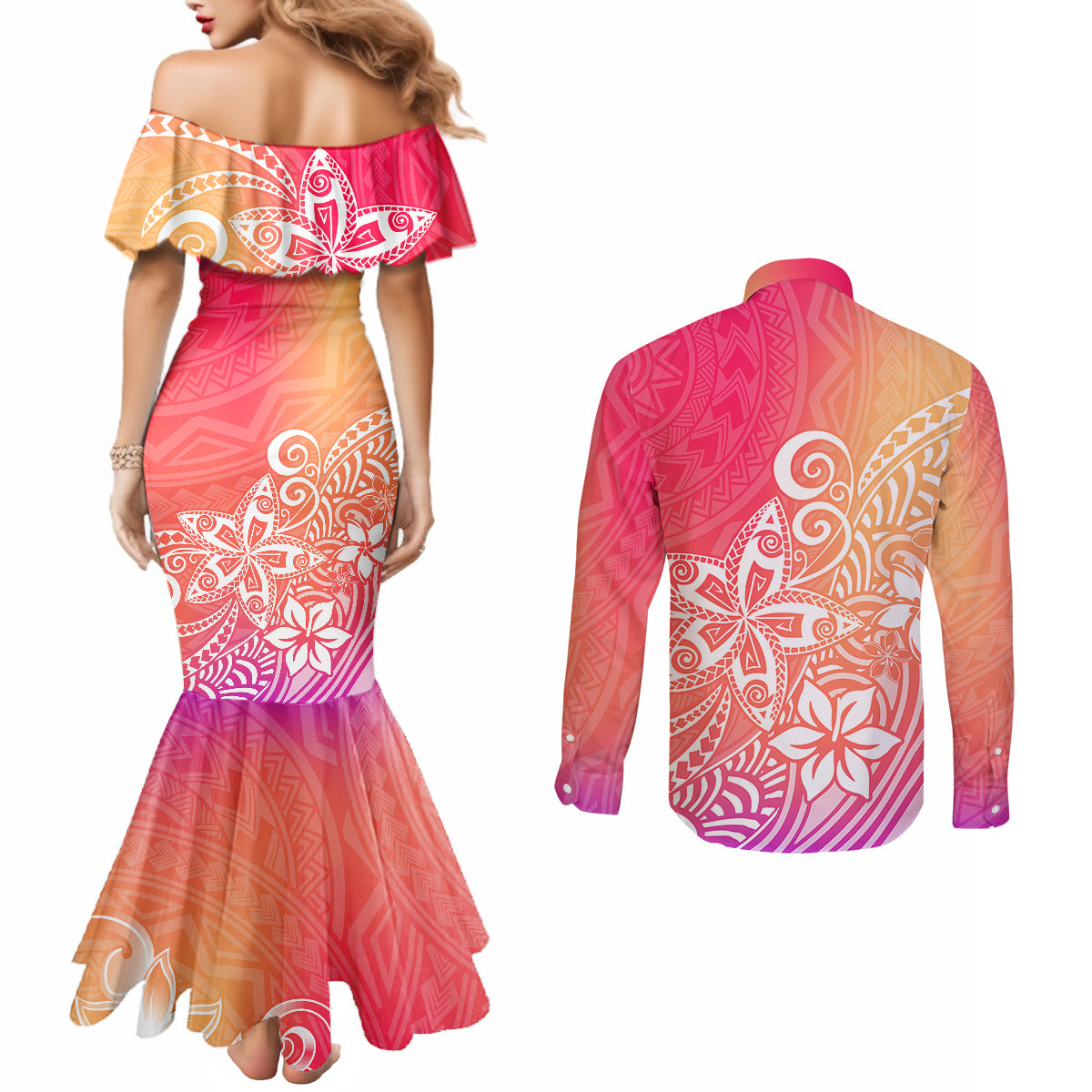 polynesia-couples-matching-mermaid-dress-and-long-sleeve-button-shirts-plumeria-pink-gradient-curves