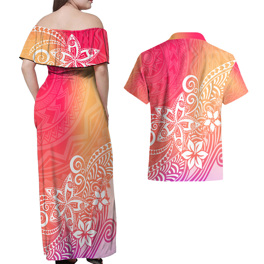 Polynesia Couples Matching Off Shoulder Maxi Dress and Hawaiian Shirt Plumeria Pink Gradient Curves LT7 - Wonder Print Shop