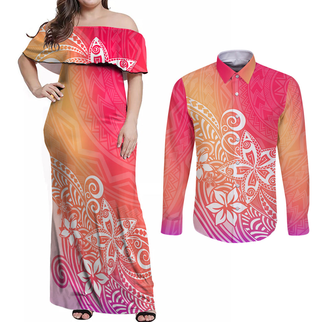 Polynesia Couples Matching Off Shoulder Maxi Dress and Long Sleeve Button Shirts Plumeria Pink Gradient Curves LT7 - Wonder Print Shop