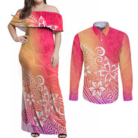 Polynesia Couples Matching Off Shoulder Maxi Dress and Long Sleeve Button Shirts Plumeria Pink Gradient Curves LT7 - Wonder Print Shop