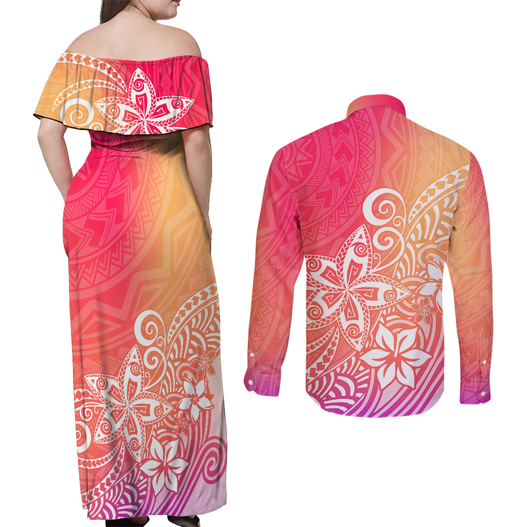 Polynesia Couples Matching Off Shoulder Maxi Dress and Long Sleeve Button Shirts Plumeria Pink Gradient Curves LT7 - Wonder Print Shop