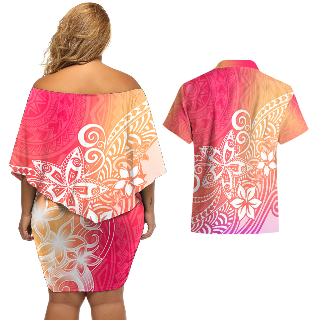 Polynesia Couples Matching Off Shoulder Short Dress and Hawaiian Shirt Plumeria Pink Gradient Curves LT7 - Wonder Print Shop