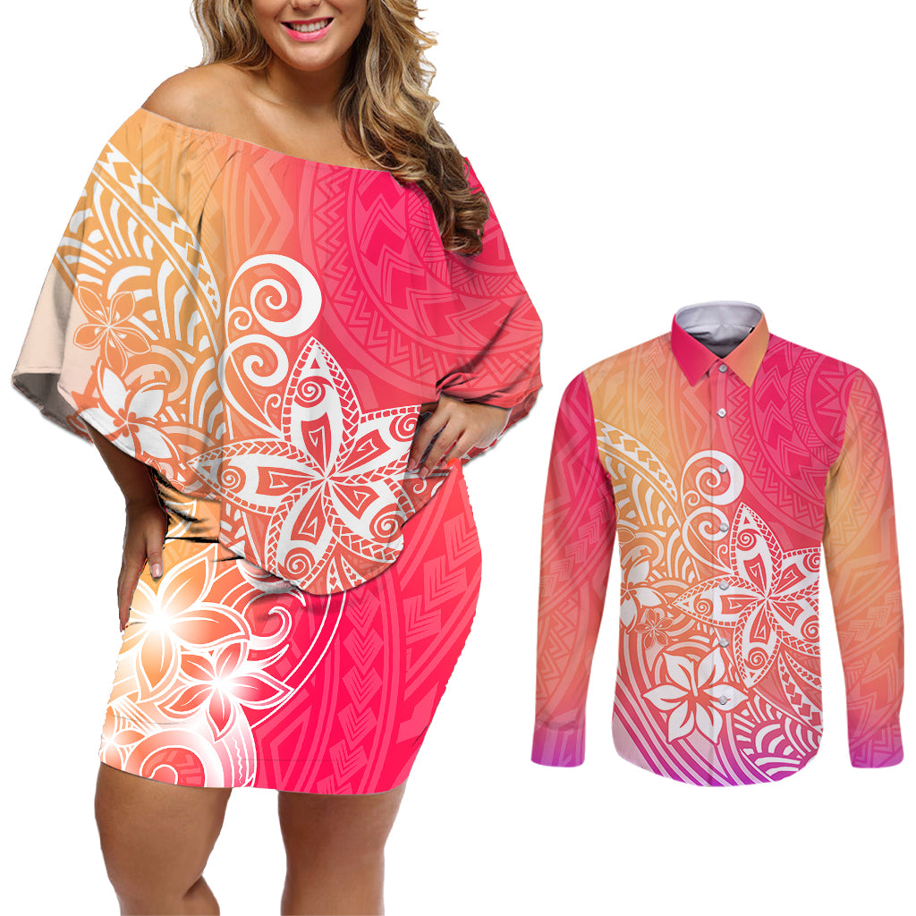 Polynesia Couples Matching Off Shoulder Short Dress and Long Sleeve Button Shirts Plumeria Pink Gradient Curves LT7 - Wonder Print Shop