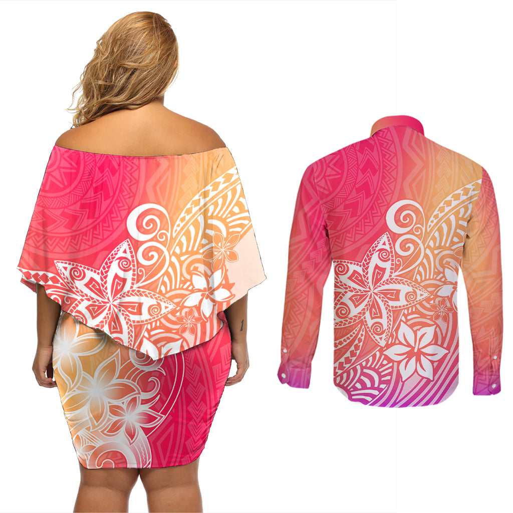Polynesia Couples Matching Off Shoulder Short Dress and Long Sleeve Button Shirts Plumeria Pink Gradient Curves LT7 - Wonder Print Shop