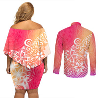 Polynesia Couples Matching Off Shoulder Short Dress and Long Sleeve Button Shirts Plumeria Pink Gradient Curves LT7 - Wonder Print Shop