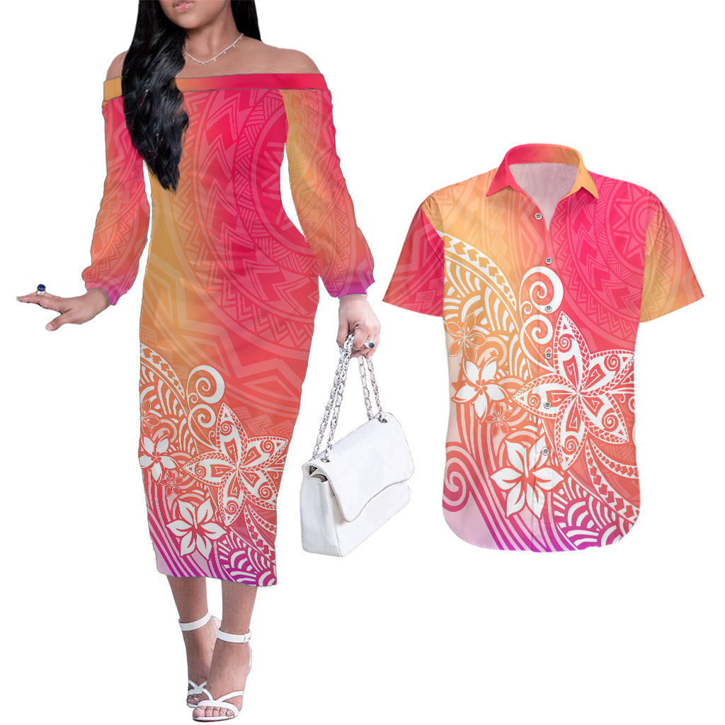 Polynesia Couples Matching Off The Shoulder Long Sleeve Dress and Hawaiian Shirt Plumeria Pink Gradient Curves LT7 - Wonder Print Shop