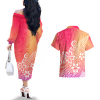 Polynesia Couples Matching Off The Shoulder Long Sleeve Dress and Hawaiian Shirt Plumeria Pink Gradient Curves LT7 - Wonder Print Shop
